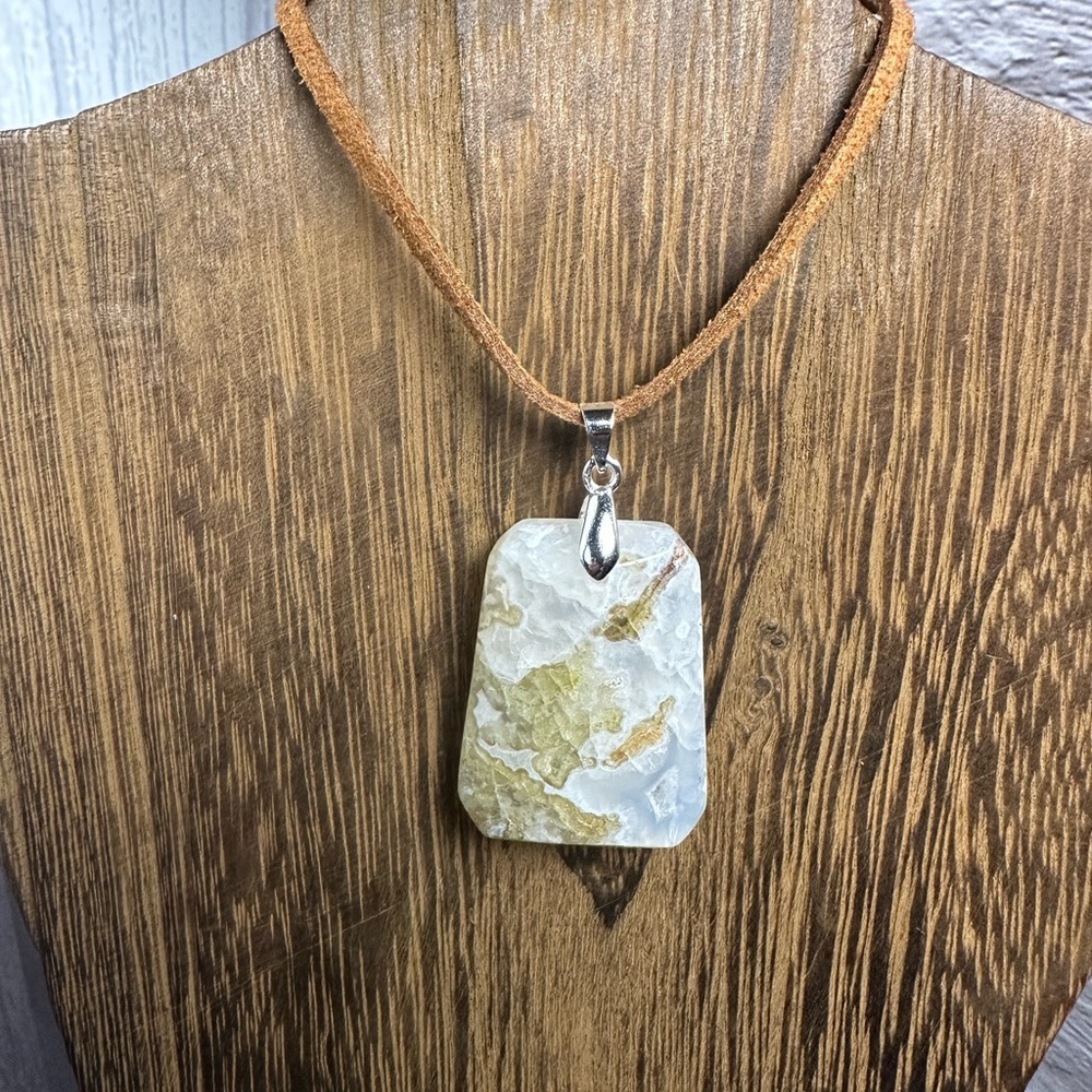Moss Agate Pendant Necklace on Brown Faux Suede - Picture 5 of 8
